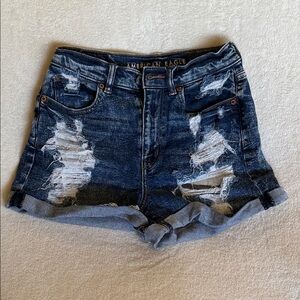 American Eagle Outfitters Dark Blue Distressed Denim Roll-Cuff Shorts -size 2